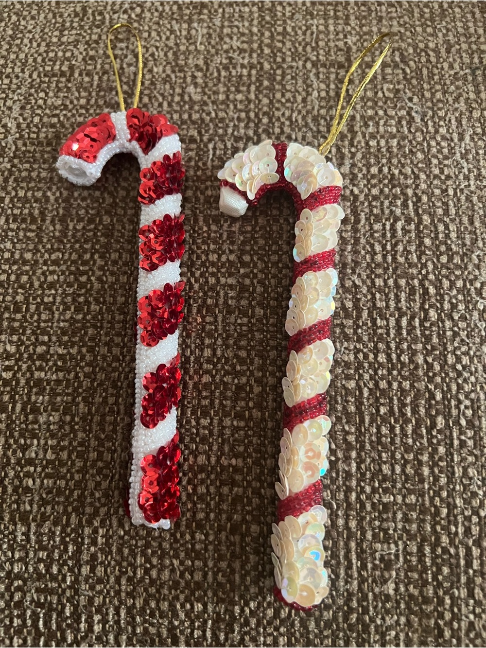 Vintage Sequin Pearls Candy Cane Hanging Ornaments - Red & White